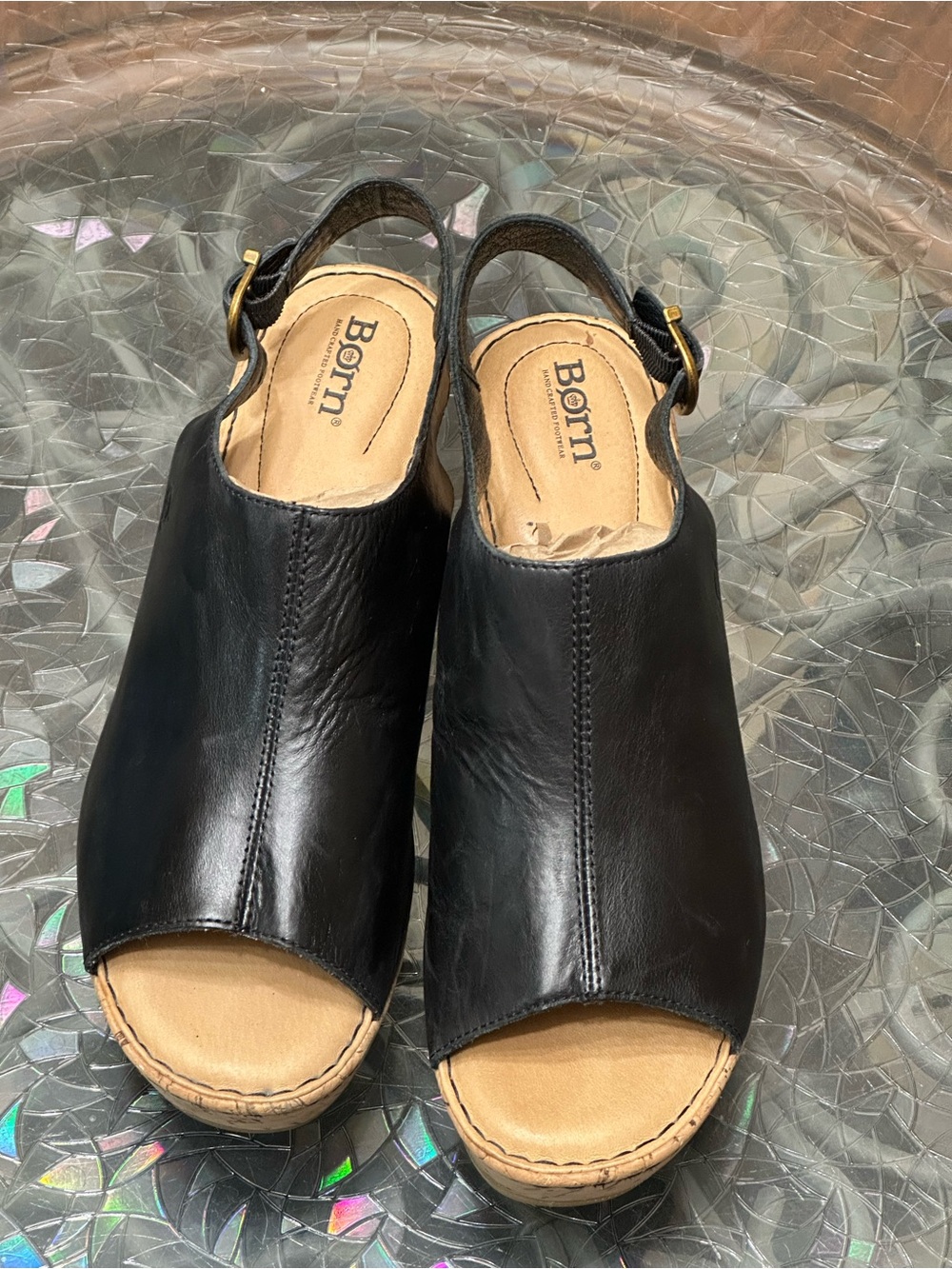 Born Women's Black Leather cork wedge sandals